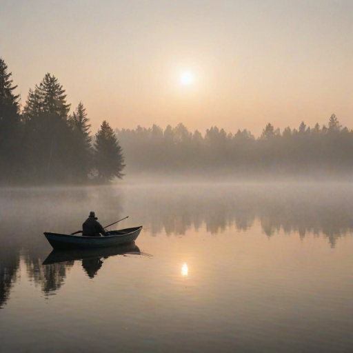 Softly focused photo of a lone fisherman in a small boat on a mist-covered lake at dawn, soft light from the rising sun reflecting on the calm water, with distant trees barely visible through the fog.
