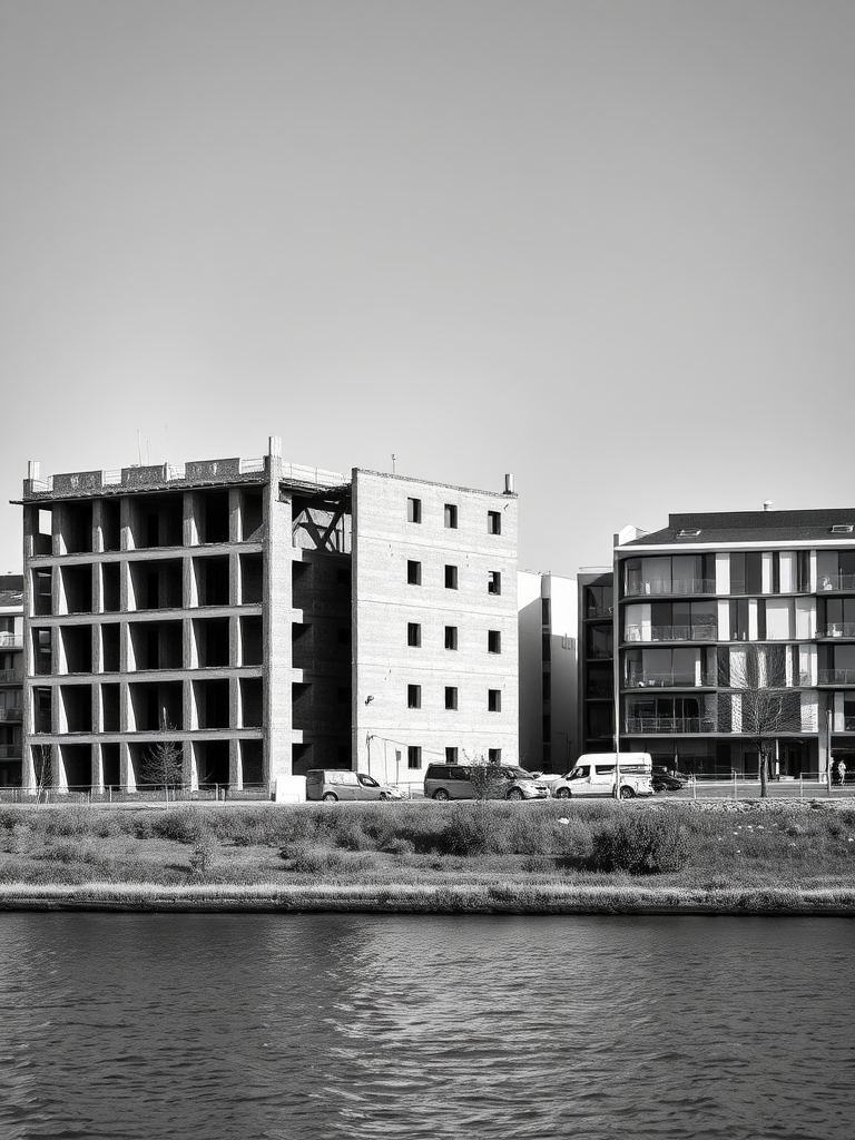 Regenerate a black and white image of a partially constructed building next to modern architecture along a river, captured with a Canon EOS 5D Mark IV, ISO 100, f/8, 1/250 sec, landscape view, sharp focus, high contrast, and fine grain.