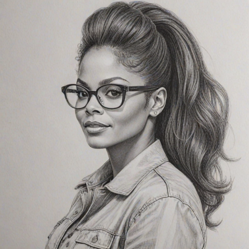 Ravishing Janet Jackson, pencil sketch, portrait of Attractive woman 1964s in glasses, hair style beatnik, outline, clear lines, fine lines, 8k