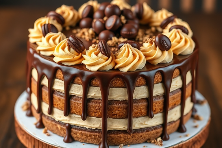 Create a delicious chocolate peanut butter cake with layers of creamy frosting topped with chocolate ganache. Decorate with swirls of buttercream frosting, chocolate candies, and crushed nuts. The cake should have a rich and indulgent appearance, with drips of chocolate glaze cascading down the sides.