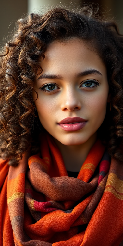 portrait of a young woman with curly hair wearing a stylish scarf, soft natural lighting, 85mm lens, f/1.8 aperture, ISO 100, with a shallow depth of field, capturing warm tones and sharp details, DSLR camera