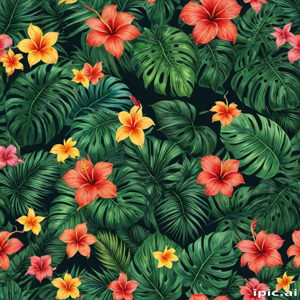 Vibrant Tropical Floral Pattern with Colorful Hibiscus and Lush Green ...
