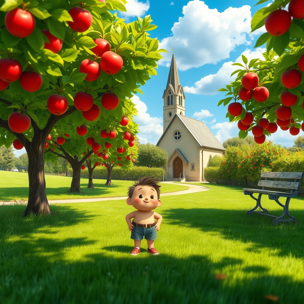 Create a vibrant animated scene featuring a whimsical character standing in a lush green park with apple trees bearing red apples, a quaint church in the background, a stone bench nearby, bright blue sky with fluffy clouds, shot with a DSLR camera at f/8, 24mm lens, and a sunny daylight setting to enhance colors and details.