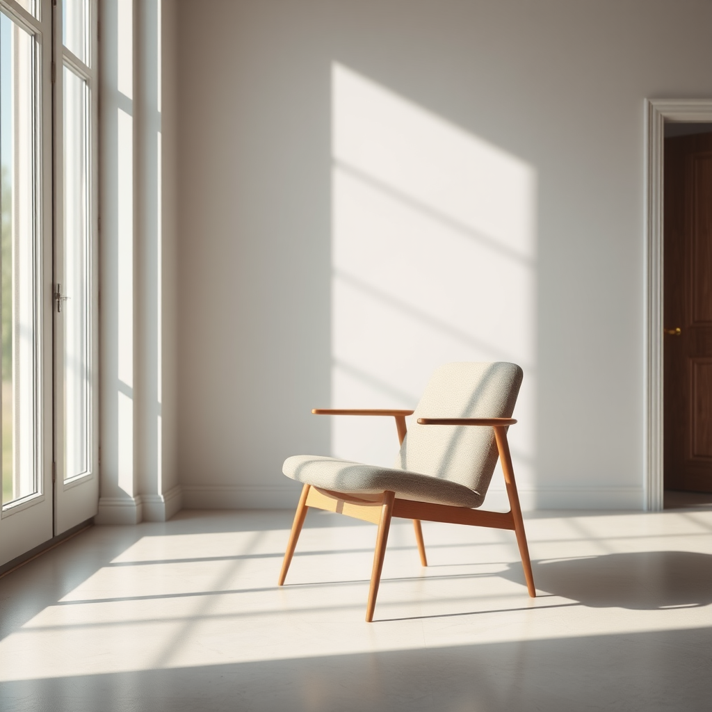 a modern minimalistic chair in a well-lit room with soft shadows, taken with a Canon EOS R5, 50mm f/1.2 lens, aperture f/2.8, ISO 100, with a slight tilt-shift effect to enhance perspective depth and clarity