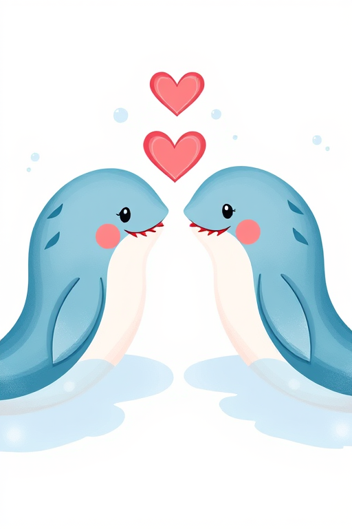 Create an illustration of two cartoon whales facing each other with a heart and bubbles between them, using a bright color palette, in a whimsical style, captured with a DSLR camera at f/2.8, ISO 100, and a 50mm lens, with a shallow depth of field to enhance image quality.