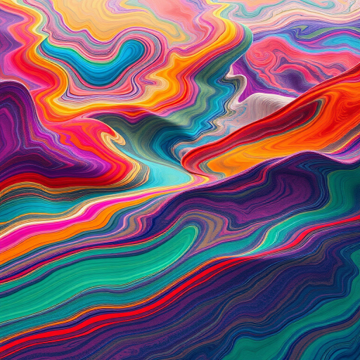 Create an image of a stylized abstract landscape featuring vibrant colors and fluid shapes, captured with a Canon EOS R5, 35mm lens, f/2.8 aperture, 1/125s shutter speed, ISO 100, in a wide-angle view for enhanced depth and detail.
