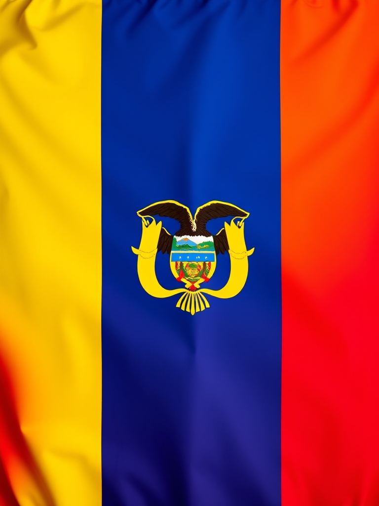 Create an image of the Ecuadorian flag featuring a vibrant yellow top stripe, a blue middle stripe, and a red bottom stripe with the national emblem centered, shot in high resolution with a DSLR camera, using a focal length of 50mm, aperture set to f/8, and ISO 100 for enhanced clarity and color vividness.
