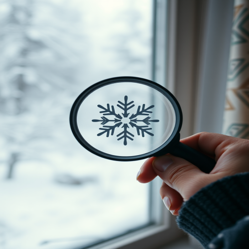 A close-up shot of a person holding a magnifying glass with a snowflake design against a snowy window, with a soft focus background, taken with a DSLR camera at f/2.8 aperture, 50mm lens, ISO 100, natural lighting, in a cozy indoor setting.