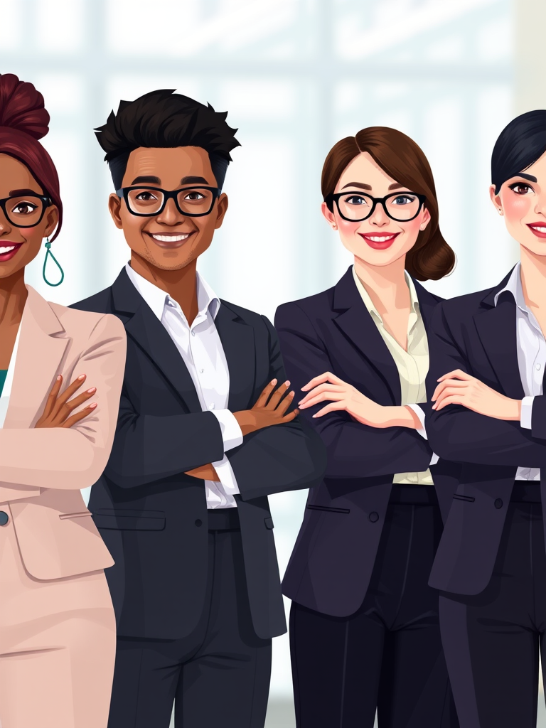 Create a digital illustration of four business professionals standing confidently with arms crossed, diverse in gender and ethnicity, high-resolution, shot with a DSLR at f/2.8 aperture, 50mm lens, natural lighting, 1/100s shutter speed, focus on the subjects with a blurred background for a professional appearance.