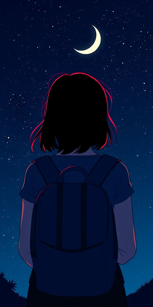 Create a digital illustration of a girl from behind, wearing a backpack, gazing at a starry night sky with a crescent moon, shot with a DSLR camera, aperture f/2.8, ISO 100, 50mm lens, with a focus on silhouette and contrasting colors for depth.