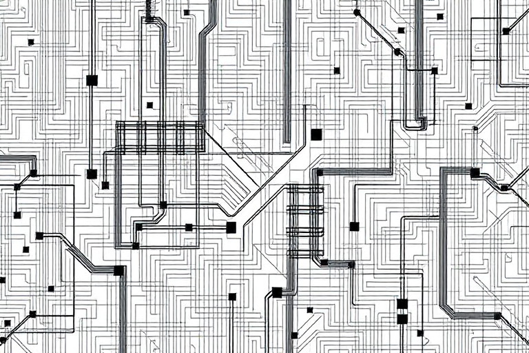 Generate a high-resolution abstract pattern of interconnected lines and shapes resembling a complex maze, captured with a DSLR camera at f/8 aperture, ISO 100, 50mm lens, in natural lighting with a slight overhead angle for depth.