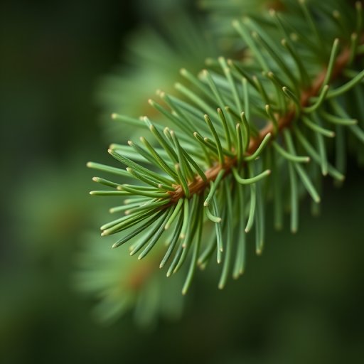 close-up shot of a green pine branch with sharp focus on the needles, background softly blurred, aperture f/2.8, ISO 100, shutter speed 1/200s, natural light, DSLR camera, macro lens