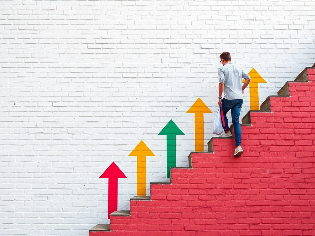 Regenerate the image of a person climbing steps beside colorful upward arrows on a textured white brick wall background, captured with a Canon EOS R5, 50mm lens, f/1.8 aperture, ISO 100, in soft natural light for enhanced clarity and detail.