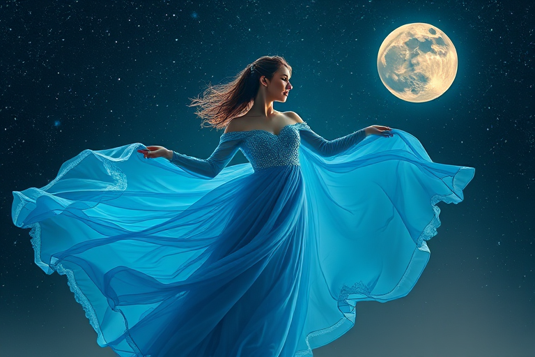 Create an ethereal image of a woman in a flowing blue gown with celestial elements, set against a cosmic background with stars and a glowing moon, using a Canon EOS R5 with a 50mm lens, f/1.8 aperture, ISO 100, and a soft focus effect for a dreamy look.