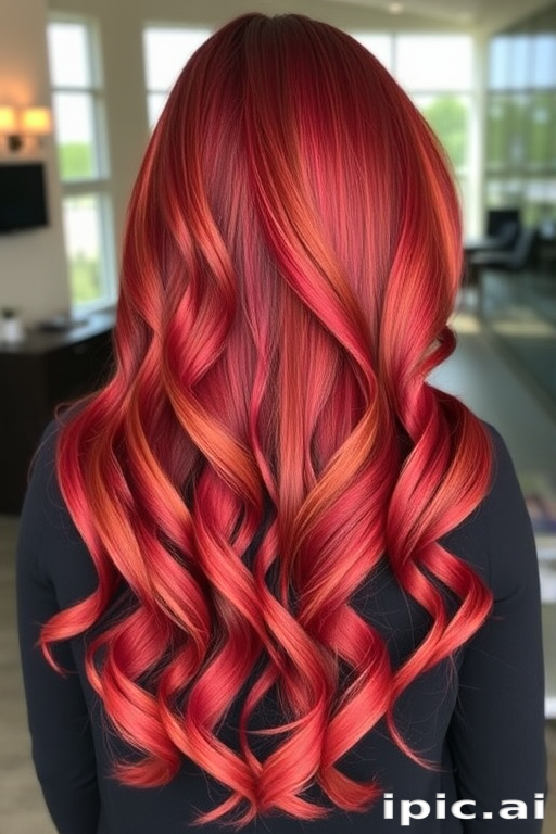 Elegant Crimson Cascade hairstyle featuring long, luxurious waves cascading down the back with a deep side part and subtle ombre effect transitioning from dark red to bright copper