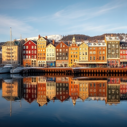 High-resolution image of a winter cityscape featuring colorful waterfront buildings reflecting in calm water, captured with a DSLR camera at f/8 aperture, 1/125 sec shutter speed, ISO 200, wide-angle lens, golden hour lighting to enhance colors and reflections.
