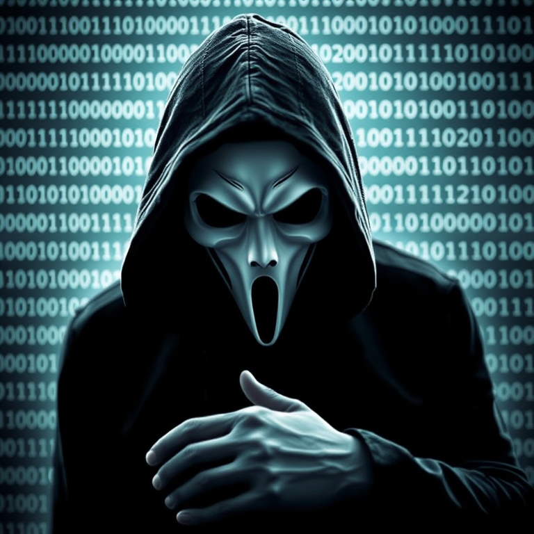 Generate an image of a mysterious figure wearing a white mask and a dark hood, with a digital background of binary code, using a DSLR camera with an aperture of f/2.8, ISO 100, shutter speed of 1/125s, shot from a low angle to emphasize the figure, in a moody, cinematic style.