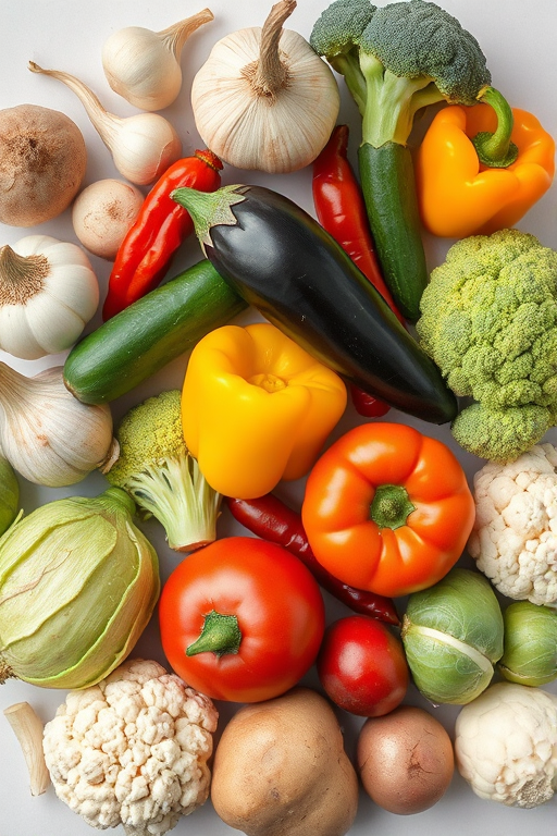 Regenerate the image of assorted vegetables including garlic, chili pepper, turnip, broccoli, eggplant, cucumber, yellow bell pepper, tomato, cauliflower, radish, potato, and brussels sprouts, using a digital camera, focal length 35mm, aperture f/5.6, ISO 100, with a top-down view for enhanced detail and vibrant colors.