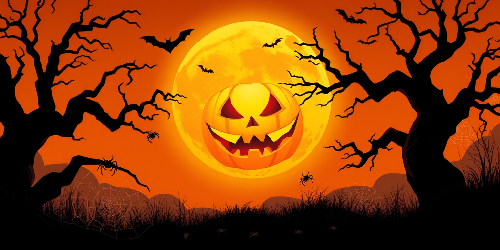 Create a Halloween-themed illustration featuring a large, glowing jack-o'-lantern moon in an orange sky with dark, twisted trees on either side, bats flying in the background, spider webs hanging from tree branches, and small spiders scattered on the ground, captured with a DSLR camera at f/8 aperture, ISO 100, 24mm focal length, and a wide-angle lens for enhanced depth and detail.