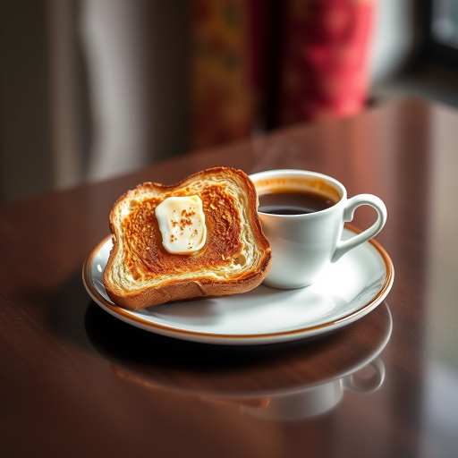 Create a high-resolution image of a plate with a slice of buttered toast next to a steaming cup of coffee, using a DSLR camera with a 50mm lens, aperture set to f/2.8, ISO 100, in natural light with a shallow depth of field for a soft background blur.