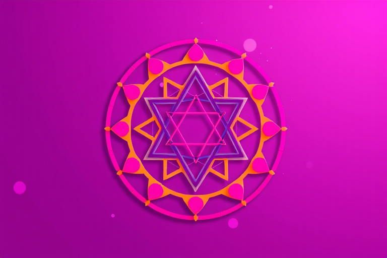 Create a high-resolution vector image of a geometric design featuring a central hexagram surrounded by circles, with vibrant pink and orange colors against a gradient purple background, using a Canon EOS 5D Mark IV with a 50mm f/1.8 lens, aperture set to f/8, ISO 100, and a slight vignette effect.