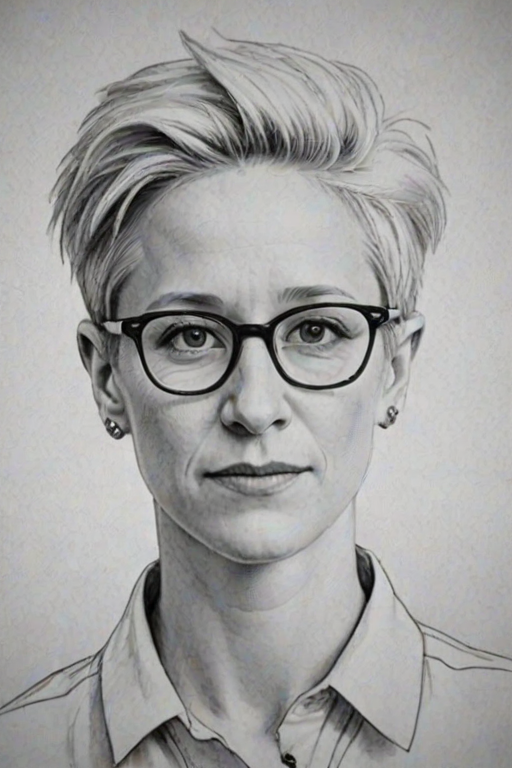 Wonderful Megan Rapinoe, pencil sketch, portrait of Pleasing woman 1943s in glasses, hair style beatnik, outline, clear lines, fine lines, 8k