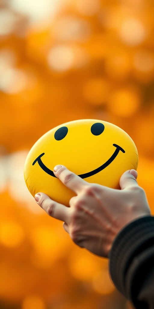 create an image of a large yellow smiley face with a simple smiling expression, a hand reaching towards it, soft bokeh background with warm orange and yellow tones, shot with a DSLR camera at f/2.8, 50mm lens, natural lighting, shallow depth of field, slightly angled to the right for a dynamic view