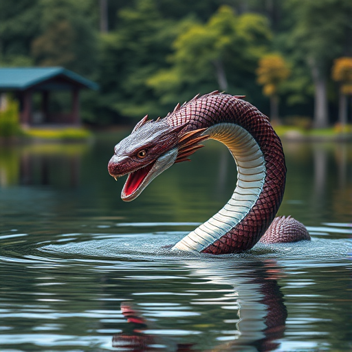 Create an image of a fantastical sea serpent emerging from a tranquil lake surrounded by lush trees, using a DSLR camera with a 50mm lens, f/2.8 aperture, ISO 100, in natural daylight with a slight bokeh effect, capturing vibrant colors and intricate details of the serpent's scales.