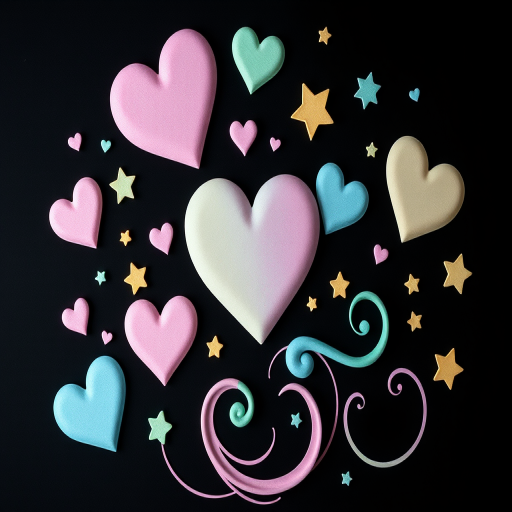 create a pastel-colored pattern with hearts, stars, and swirls on a black background, using a Canon EOS R5 camera, aperture f/4, shutter speed 1/125, ISO 200, top-down view, soft focus style to enhance image quality.