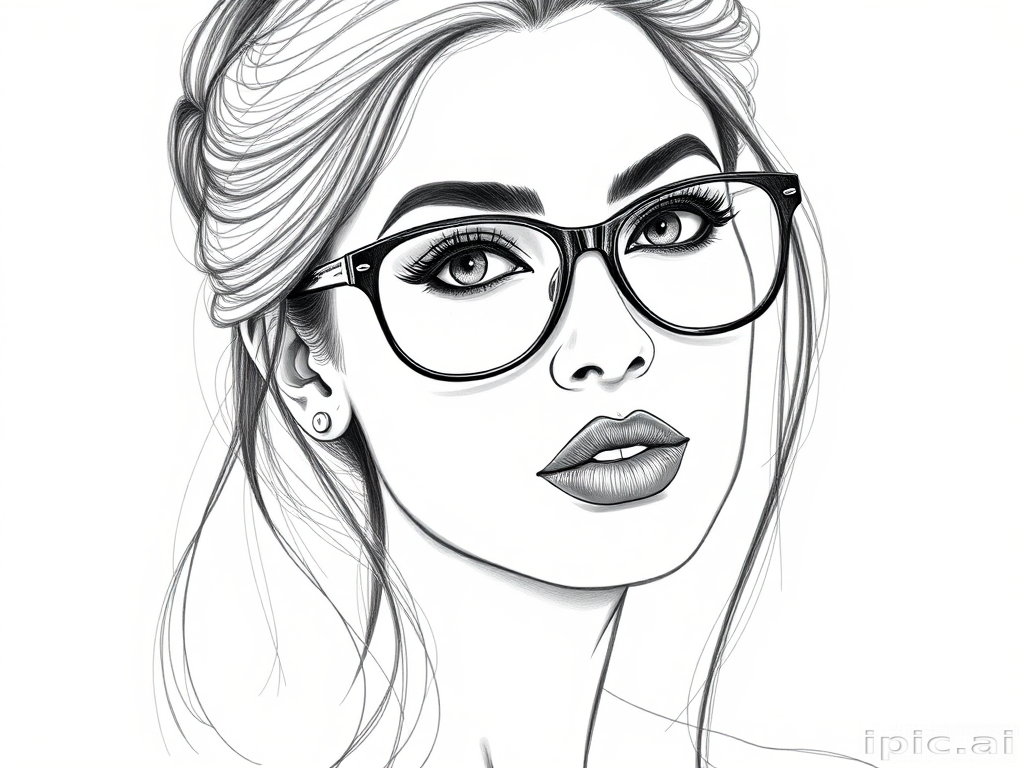 hot mia khalifa, pencil sketch, portrait of beautiful woman 60s in glasses, hair style beatnik, outline, clear lines, fine lines, 8k