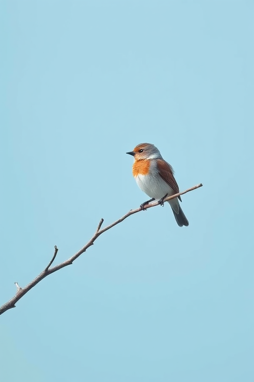 Create a digital illustration of a bird sitting on a branch against a light blue background, focusing on a minimalist and stylized design with high contrast, using a Canon EOS R5 with a 85mm f/1.2 lens at ISO 100, aperture f/2.8, and a shutter speed of 1/500s for enhanced detail and clarity.