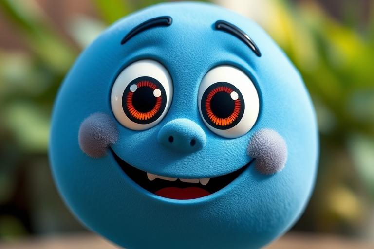 Create a vibrant cartoon-style image of a blue round character with large expressive eyes and a playful smile, shot with a DSLR camera at f/2.8 aperture, 50mm lens, 1/200s shutter speed, and natural soft lighting to enhance color saturation and detail.