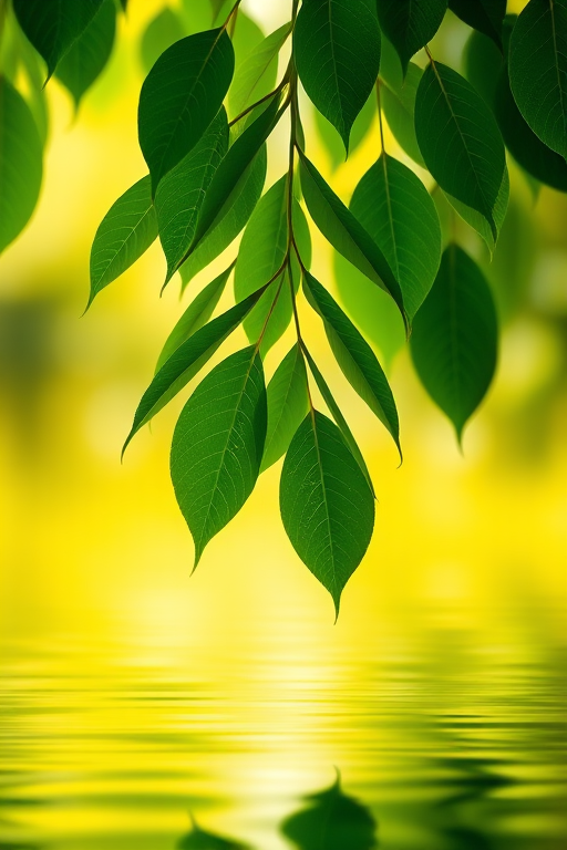 Create a vibrant image of green leaves hanging over a smooth reflective water surface, with a bright yellow-green gradient background and soft bokeh effects, captured with a DSLR camera at f/2.8 aperture, 1/100 sec shutter speed, ISO 100, in landscape orientation with a shallow depth of field.
