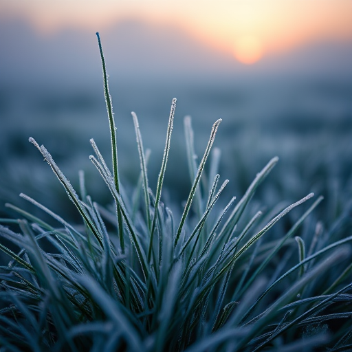capture a close-up of frost-covered grass in a foggy landscape with soft lighting at sunrise, aperture f/2.8, shutter speed 1/125 sec, ISO 100, 50mm lens, DSLR camera, shallow depth of field, natural light