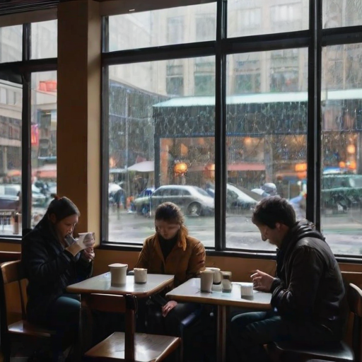Quiet cafe in a rainy city, with patrons sipping coffee and reading, while raindrops streak down the large glass windows.