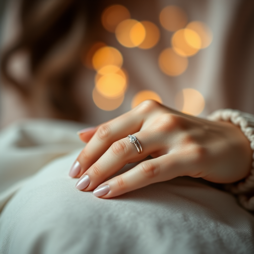 Capture a close-up of a woman's hand with elegant rings resting on a soft fabric, warm bokeh lights in the background, using a Canon EOS R5, 50mm lens, aperture f/1.8, ISO 200, with a shallow depth of field for a dreamy effect.