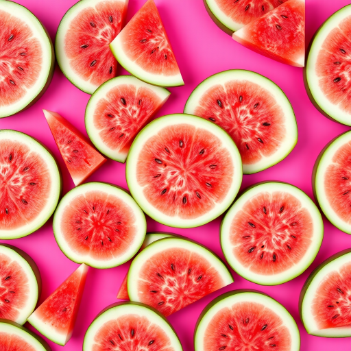 Create a seamless pattern of watermelon slices on a vibrant pink background with a high-resolution camera at 24mm focal length, aperture f/8, ISO 100, top-down view, using a digital SLR camera for sharpness and clarity.
