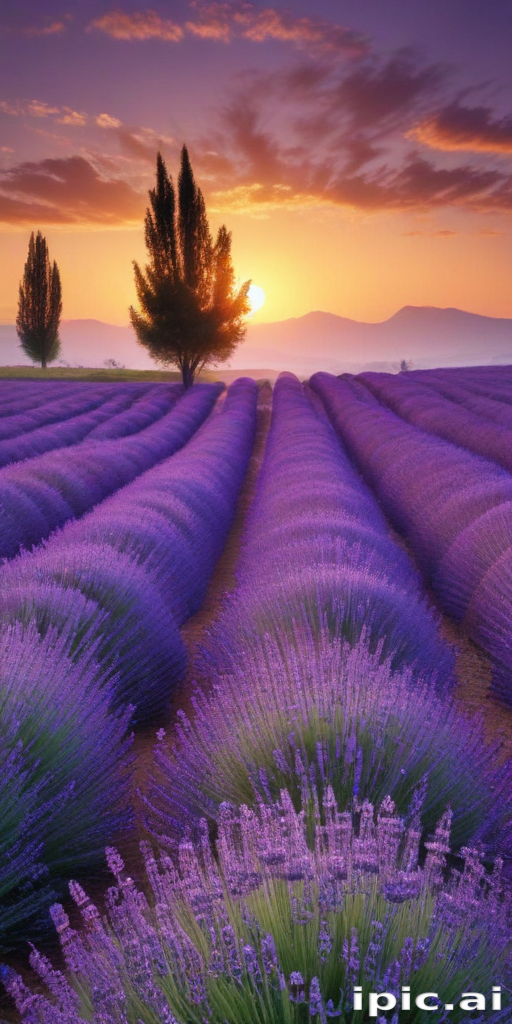 Vibrant Lavender Fields at Sunset with a Stunning Colorful Sky