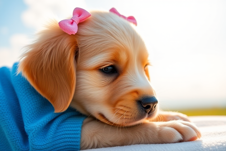A cute golden retriever puppy with pink bows on its ears wearing a blue sweater resting on a soft surface with a bright sky in the background.