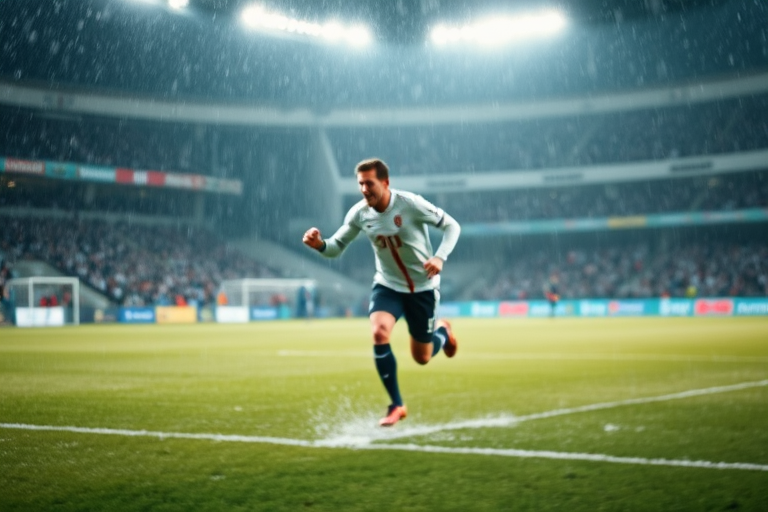 Blurry action shot of a soccer player celebrating a goal on a rain-soaked field, water droplets flying through the air, with distant stadium lights reflecting off the wet grass.