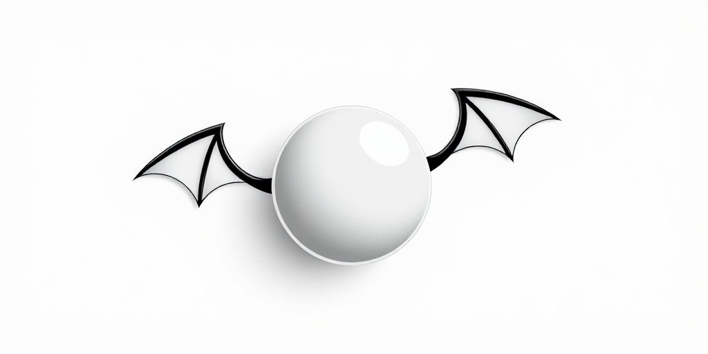 Generate a minimalist black and white illustration of a cartoonish ball with a bat wing, use a Canon EOS 5D Mark IV camera, aperture f/2.8, ISO 100, shutter speed 1/200s, top-down view, high dynamic range style.