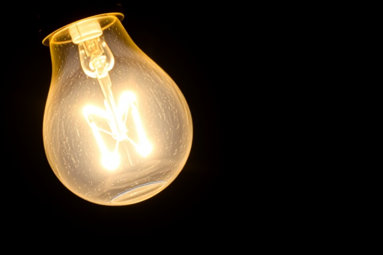A glowing light bulb shining brightly against a black background, taken with a DSLR camera at f/1.8, ISO 100, 1/200 sec, using a macro lens and soft focus effect to enhance light reflections.