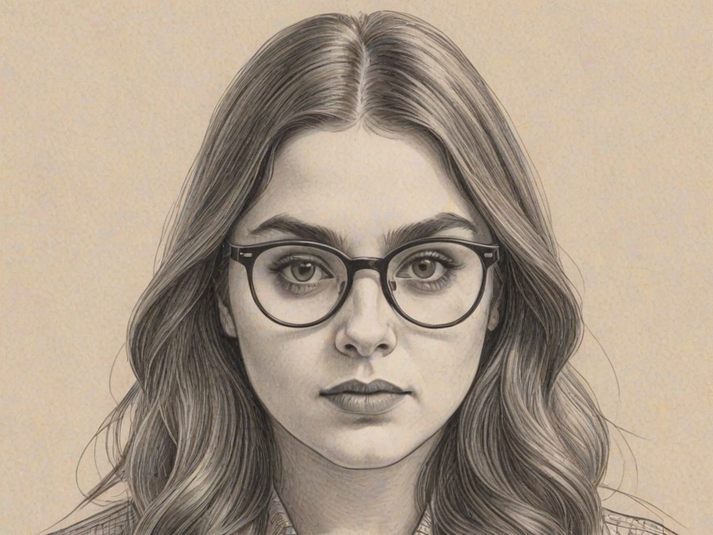 Attractive Beanie Feldstein, pencil sketch, portrait of Bewitching woman 1971s in glasses, hair style beatnik, outline, clear lines, fine lines, 8k