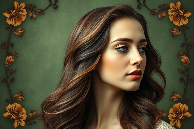 Generate a vintage-style portrait of a woman with soft features and flowing hair, set against a textured green background embellished with ornate floral borders; camera settings: aperture f/2.8, ISO 100, shutter speed 1/60s; camera view: close-up profile; camera style: soft focus; camera type: DSLR.