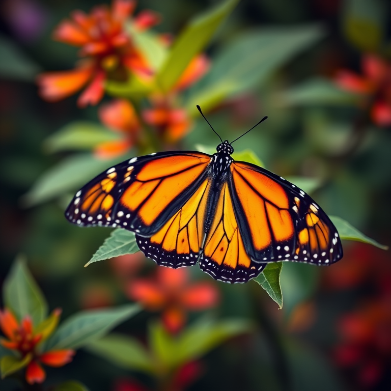 Create an image of a vibrant monarch butterfly perched on a green leaf, showcasing its distinctive orange and black wings against a blurred natural background. The butterfly should be detailed, with clear patterns visible on its wings, and the surrounding foliage should be lush and colorful.