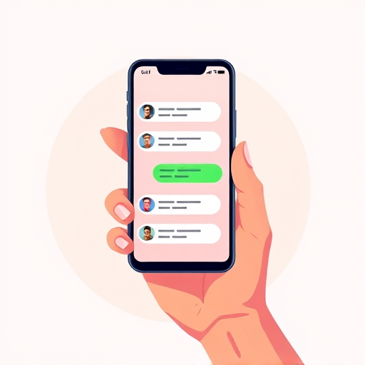 Create a vibrant, flat design illustration of a hand holding a smartphone displaying chat messages, featuring a clean background with subtle gradients, in a digital art style, using a Canon EOS R5 with a 50mm lens, aperture set to f/1.8, shutter speed 1/125s, ISO 200, and a focus on sharp details and bright colors.