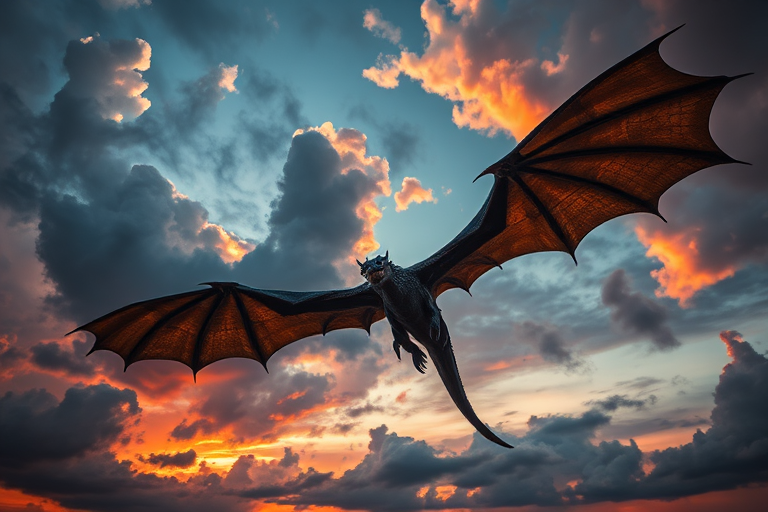 Regenerate a majestic dragon soaring through a stormy sky with dramatic clouds at sunset, using a Canon EOS R5, 50mm lens, f/1.8 aperture, ISO 200, 1/1000 shutter speed, in a low-angle view to emphasize its wings and power, with vibrant colors and high contrast for enhanced image quality.