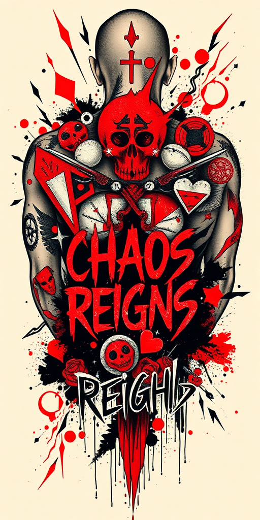 Edgy trash polka tattoo called "Chaos Reigns" combining bold red and black elements with abstract shapes and typography, creating a dynamic and visually striking full back piece