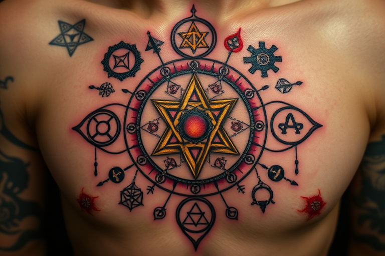 Mysterious "Alchemy Symbols" tattoo features an array of esoteric signs and emblems arranged in a harmonious composition. Deep burgundy and antique gold create a sense of ancient wisdom, while touches of iridescent white ink add a magical glow. Fine linework and subtle shading bring depth to each symbol, creating a piece rich in history and hidden meanings.
