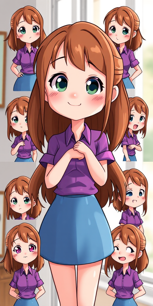 Generate a high-resolution image of a cartoon female character with two-tone brown hair, wearing a purple shirt and blue skirt, in various expressive poses; use a Canon EOS R5 camera, 50mm lens, f/1.8 aperture, 1/200 sec shutter speed, and natural light from a window for enhanced clarity and detail.